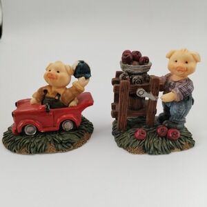 Young's Inc Pig Figurine Set Farmhouse Decor Red Car Apple Press Resin 34080